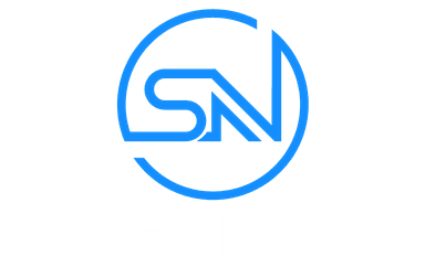 Logo firmy SoftNest z niebieskimi literami S i N tworzącymi okrąg