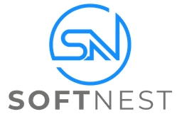 Logo firmy SoftNest z niebieskimi literami S i N tworzącymi okrąg