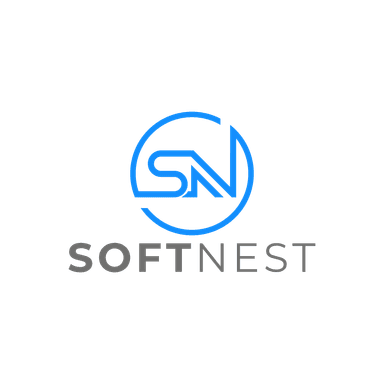 Logo firmy SoftNest z niebieskimi literami S i N tworzącymi okrąg